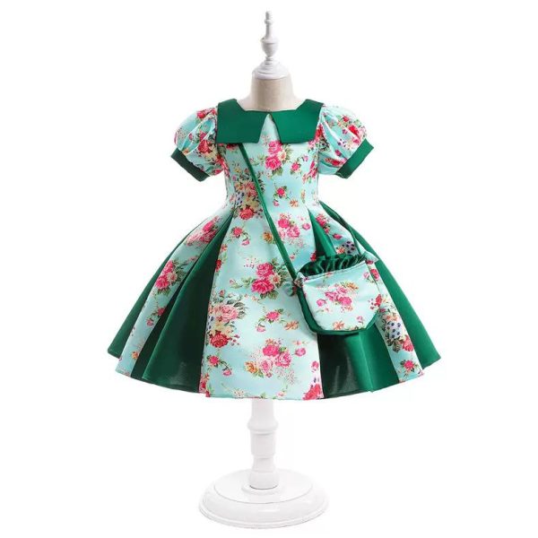 Vintage Floral Green & Blue Dress with Matching Purse