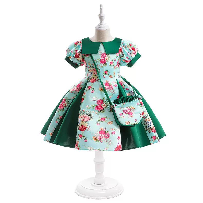 Vintage Floral Green & Blue Dress with Matching Purse