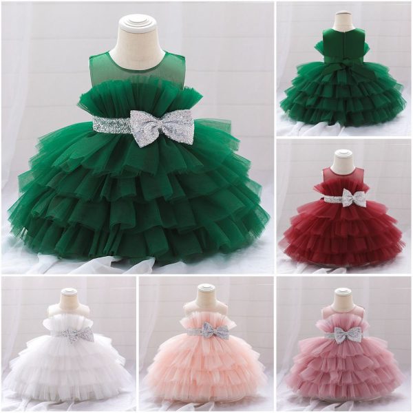 Tiered Tulle Princess Dress with Sequin Bow