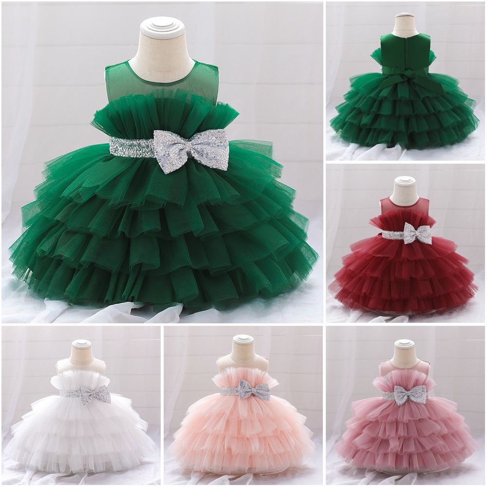 Tiered Tulle Princess Dress with Sequin Bow