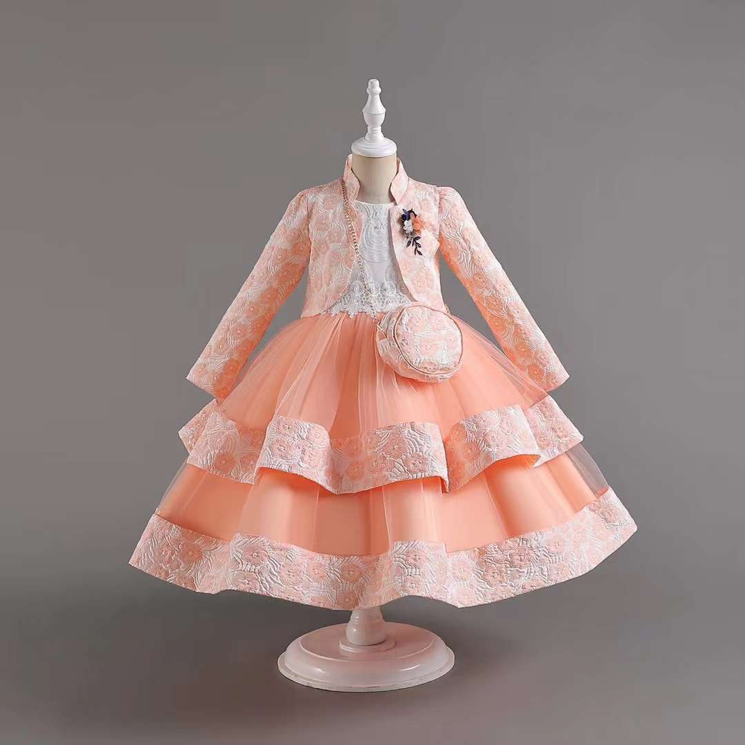 Peach Layered Party Dress with Jacket & Purse