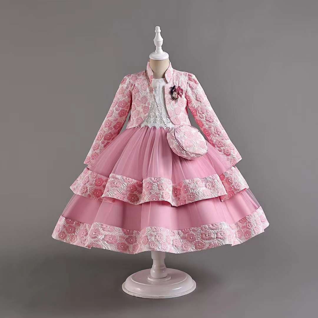 Pink Layered Party Dress with Jacket & Purse