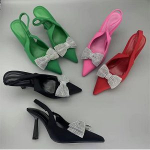 Bow-Embellished Pointed-Toe Slingback Heels
