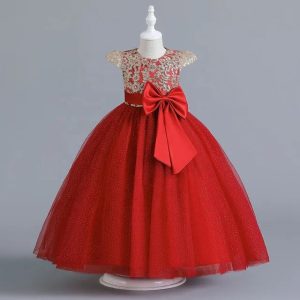 Princess Hot Red Glitter Ball Gown with Bow – Girls' Formal Dress