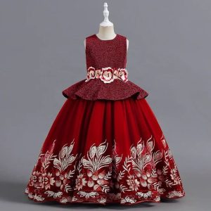 Exquisite Red Ball Gown with Floral Embroidery & Peplum Waist