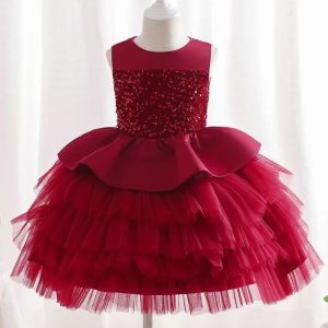 Crimson Sequin Tulle Party Dress (2-8 Years)