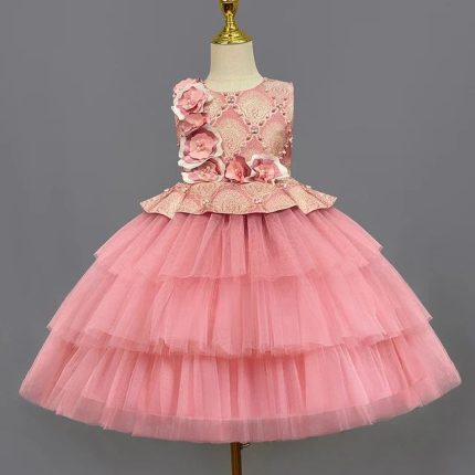 Pink Floral Applique Tulle Party Dress (2-9 Years)