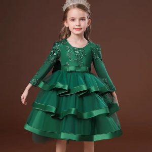 Green Floral Embroidered Tulle Party Dress (2-8 Years)