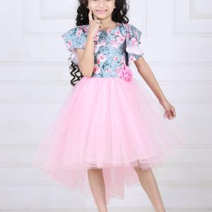 Floral and Pink High-Low Tulle Party Dress with Embellished Bodice (Floral Bodice) (1-11 Years)