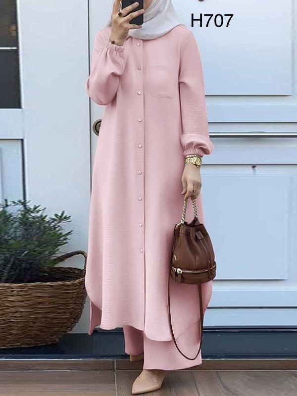 Pink Button-Down Tunic and Pants Set